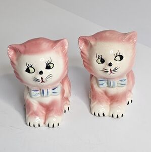 Vintage ENESCO Pink Kittens CatsPlanter with Blue Bow Set 1950s
